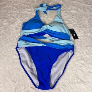 Sophiagon Blue Colorblock Halter High Waisted Two Piece Bikini Set Size XL NWT